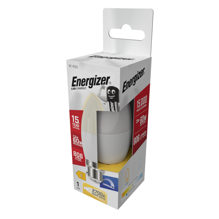 Energizer S29821 7.3W 806lm B22 BC Candle LED Bulb Opal Warm White 2700K Dimmable - westbasedirect.com