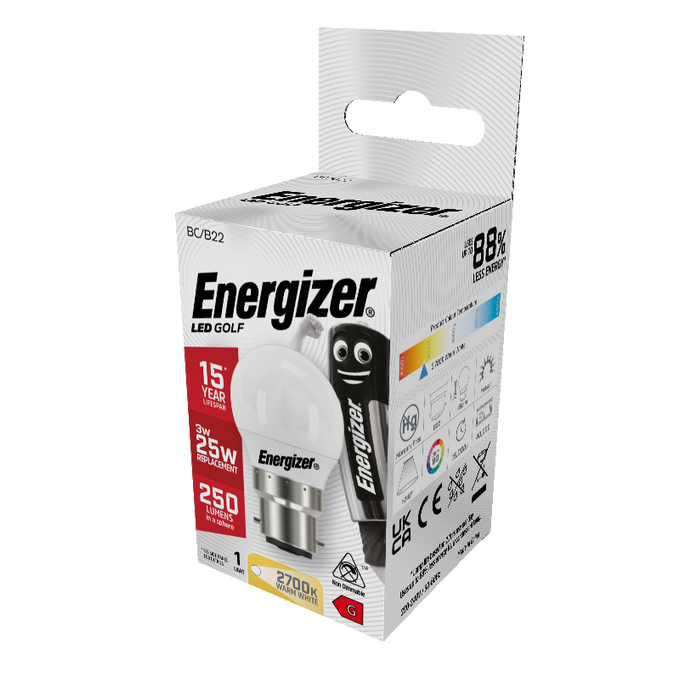 Energizer S8834 3W 250lm B22 BC Golf LED Bulb Opal Warm White 2700K - westbasedirect.com