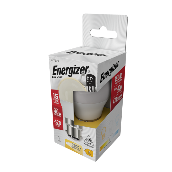 Energizer S8838 4.9W 470lm B22 BC Golf LED Bulb Opal Warm White 2700K - westbasedirect.com