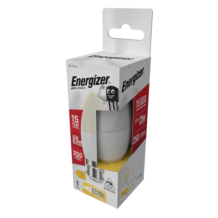 Energizer S8843 3W 250lm B22 BC Candle LED Bulb Opal Warm White 2700K - westbasedirect.com