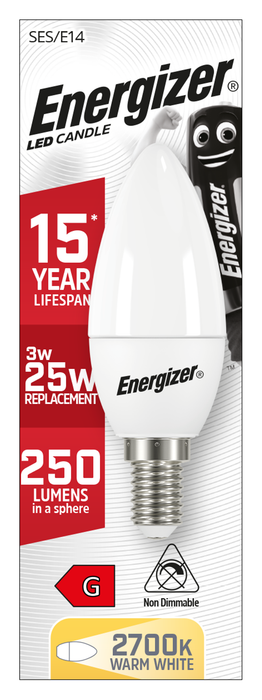 Energizer 3.3W 250lm E14 SES Candle LED Bulb Opal Warm White 2700K - westbasedirect.com