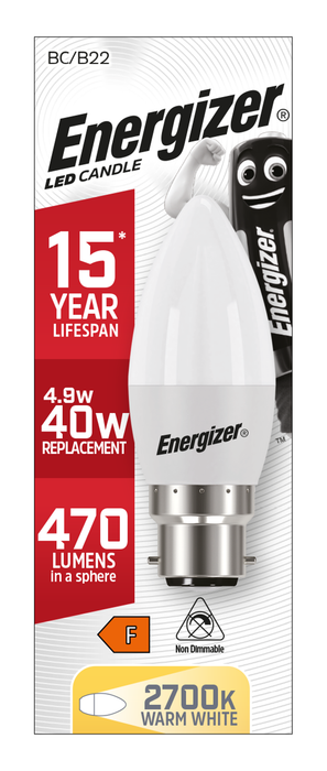 Energizer 5.2W 470lm B22 BC Candle LED Bulb Opal Warm White 2700K - westbasedirect.com