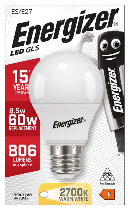 Energizer 8.2W 806lm E27 ES GLS LED Bulb Warm White 2700K - westbasedirect.com