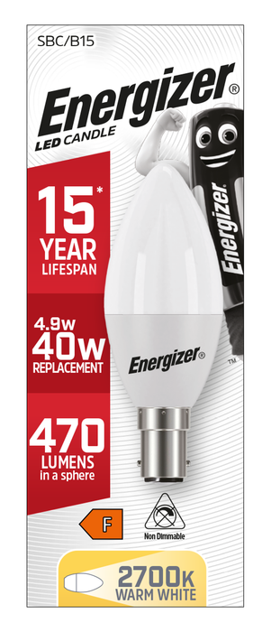 Energizer 5.2W 470lm B15 SBC Candle LED Bulb Opal Warm White 2700K - westbasedirect.com