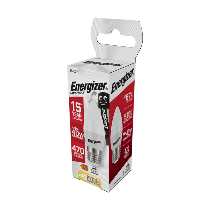 Energizer 5.2W 470lm E27 ES Candle LED Bulb Opal Warm White 2700K - westbasedirect.com