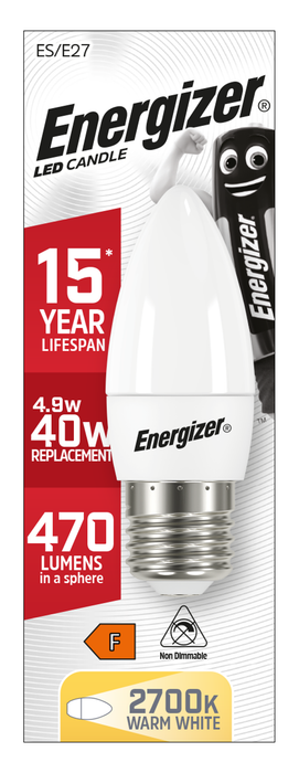 Energizer 5.2W 470lm E27 ES Candle LED Bulb Opal Warm White 2700K - westbasedirect.com