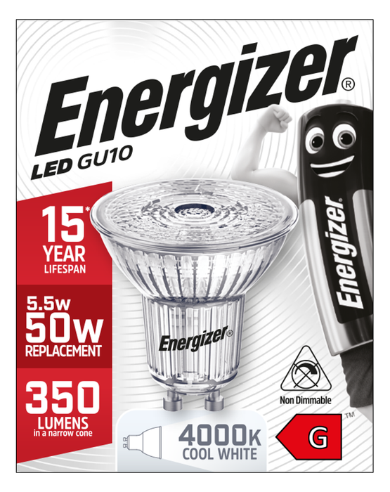 Energizer 5.5W 375lm GU10 Spotlight LED Bulb Full Glass Cool White 4000K Dimmable - westbasedirect.com
