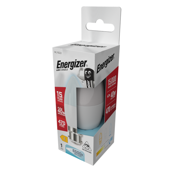 Energizer S9416 4.9W 470lm B22 BC Candle LED Bulb Opal Daylight 6500K - westbasedirect.com