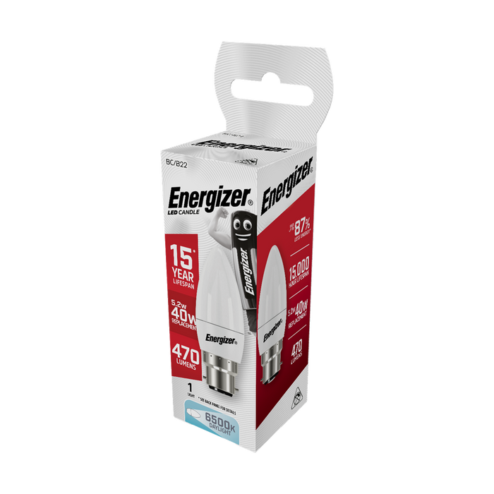 Energizer 5.2W 470lm B22 BC Candle LED Bulb Opal Daylight 6500K - westbasedirect.com