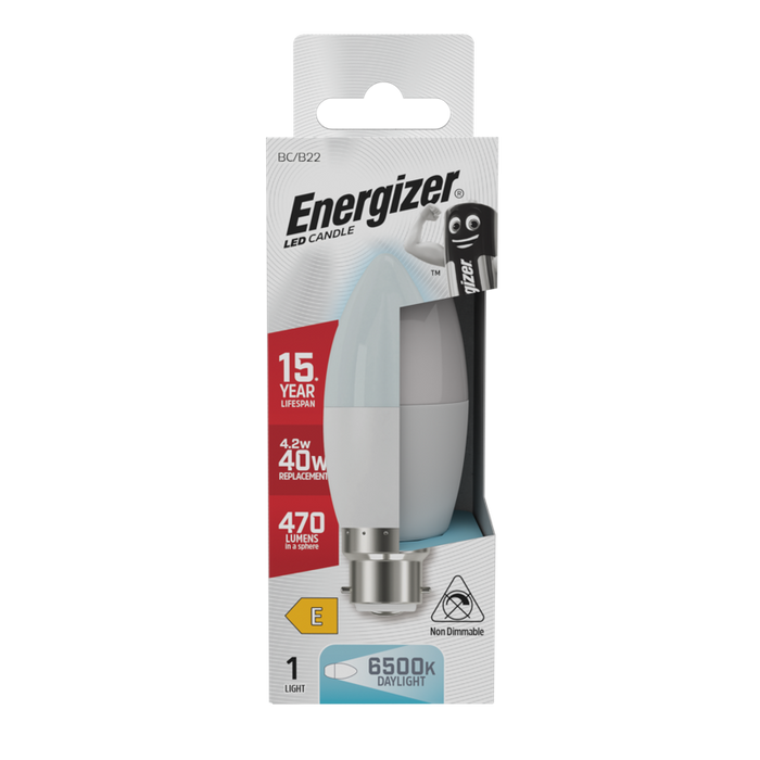 Energizer S9416 4.9W 470lm B22 BC Candle LED Bulb Opal Daylight 6500K - westbasedirect.com