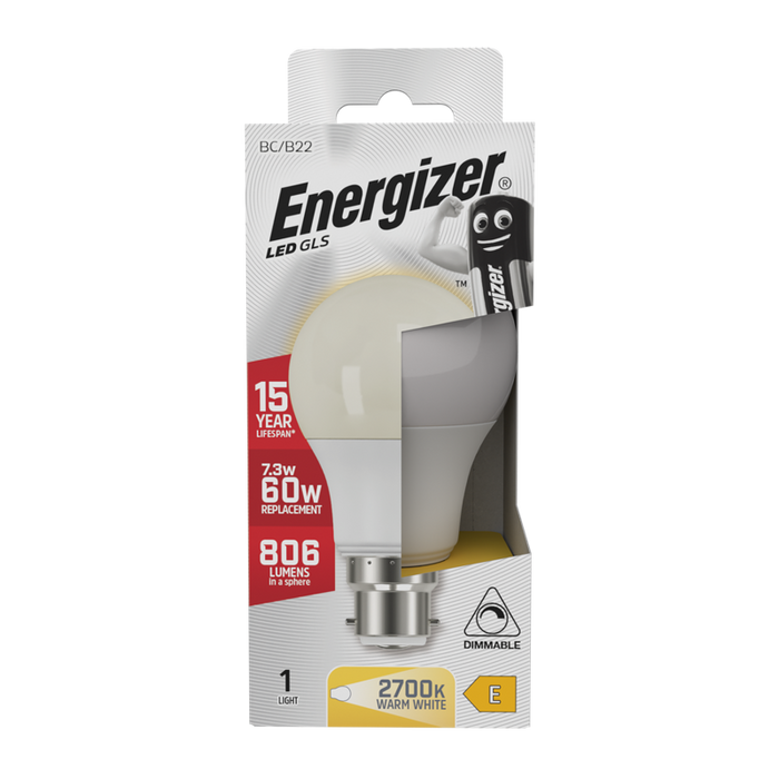 Energizer S9420 7.3W 806lm B22 BC GLS LED Bulb Opal Warm White 2700K Dimmable - westbasedirect.com