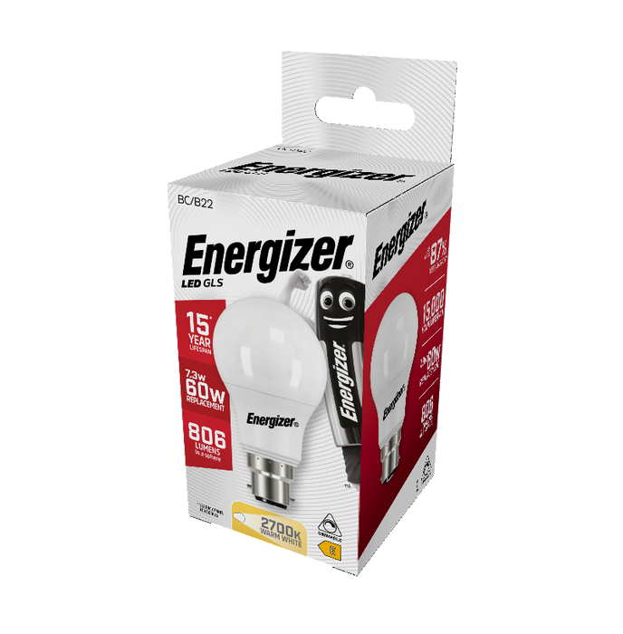 Energizer 8.8W 806lm B22 BC GLS LED Bulb Opal Warm White 2700K Dimmable - westbasedirect.com