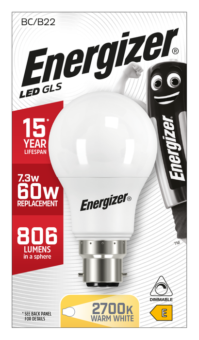 Energizer 8.8W 806lm B22 BC GLS LED Bulb Opal Warm White 2700K Dimmable - westbasedirect.com