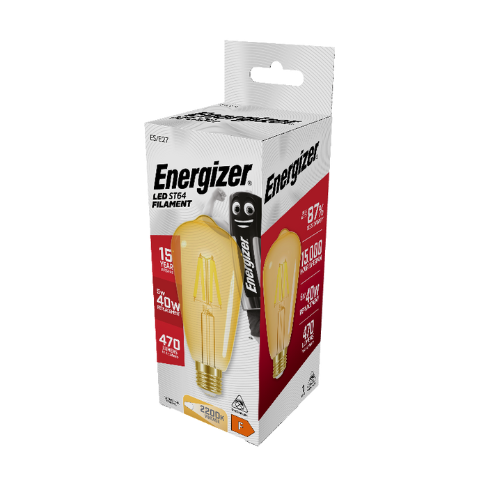 Energizer 5W 470lm E27 ES ST64 Filament Gold LED Bulb Warm White 2200K - westbasedirect.com