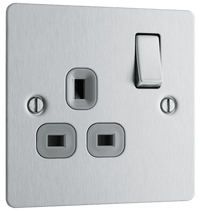 BG SBS21G Flatplate Screwed 13A Single Socket - Grey Insert - Brushed Steel