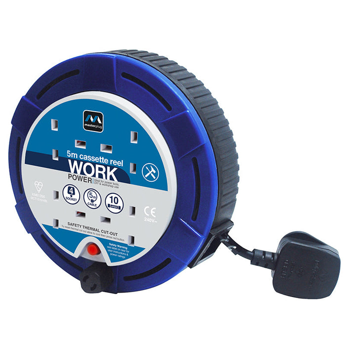 Masterplug 4 Socket 5m 10A Small Cassette Reel - Blue - westbasedirect.com