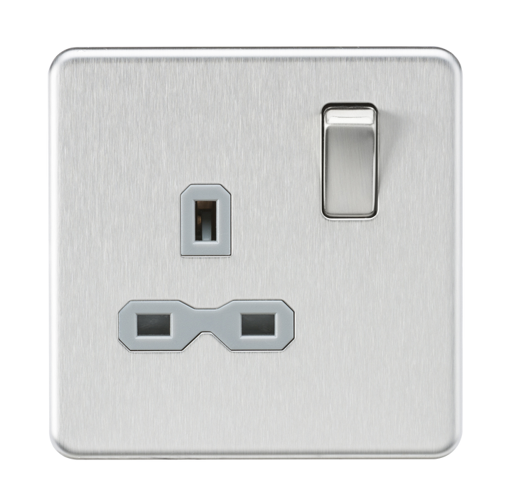 Knightsbridge SFR7000BCG Screwless 13A 1G DP Switched Socket - Brushed Chrome + Grey Insert - westbasedirect.com