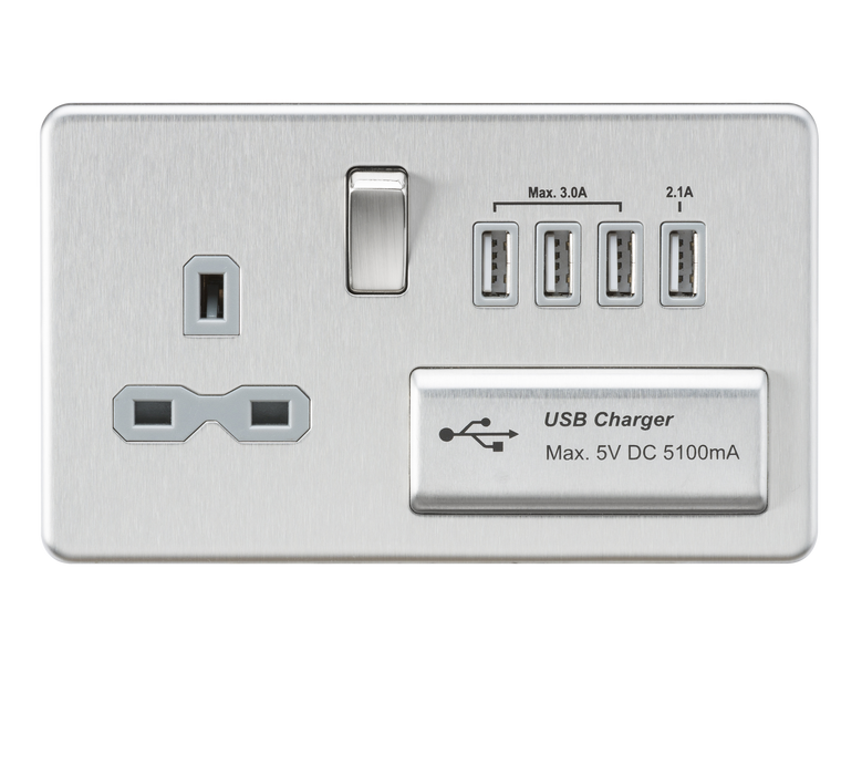 Knightsbridge SFR7USB4BCG Screwless 13A Switched Socket + 4xUSB (5.1A) - Brushed Chrome + Grey Insert - westbasedirect.com