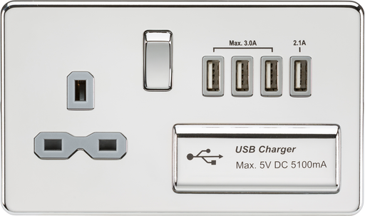 Knightsbridge SFR7USB4PCG Screwless 13A Switch Socket + 4xUSB 5.1A - Polished Chrome + Grey Insert - westbasedirect.com