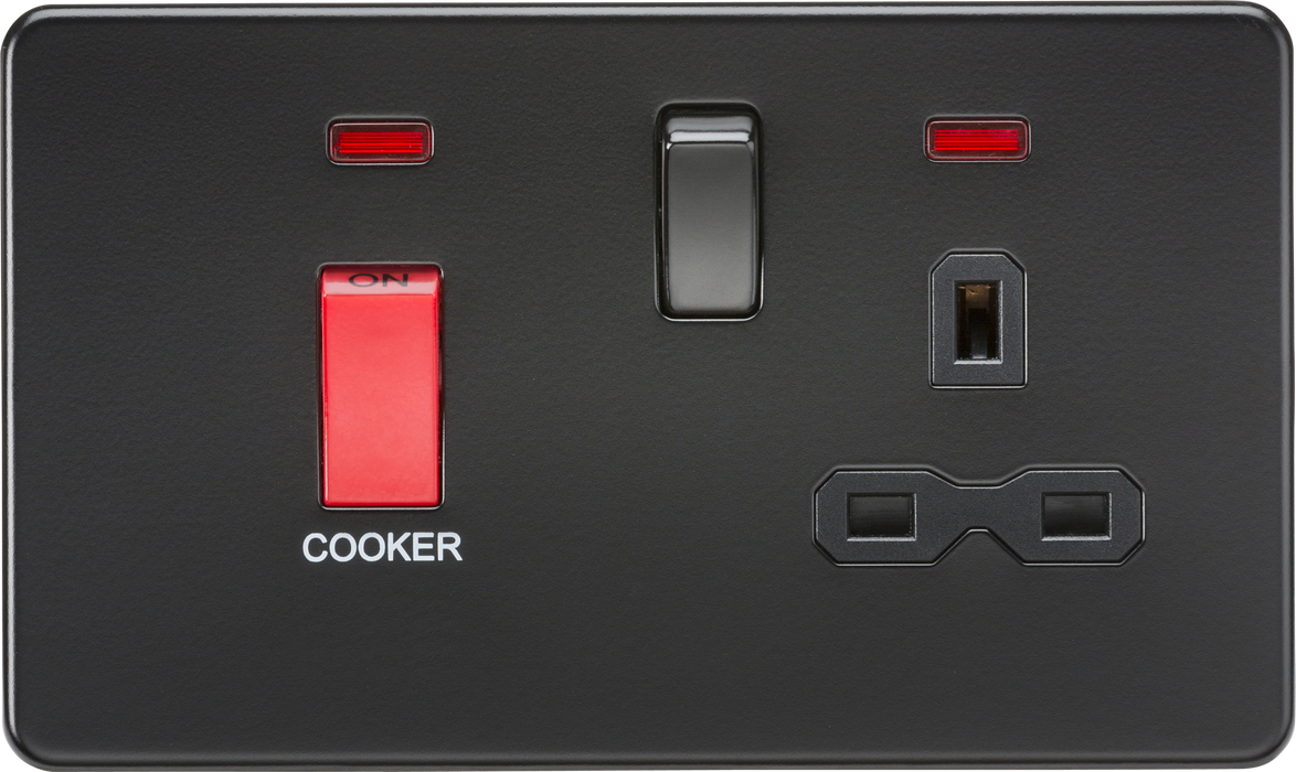 Knightsbridge SFR8333NMBB Screwless 45A DP Cooker Switch + 13A Socket + Neons - Matt Black + Black Rockers - westbasedirect.com