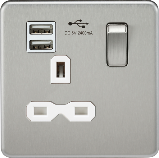 Knightsbridge SFR9124BCW Screwless 13A 1G Switched Socket + 2xUSB (2.4A) - Brushed Chrome + White Insert - westbasedirect.com