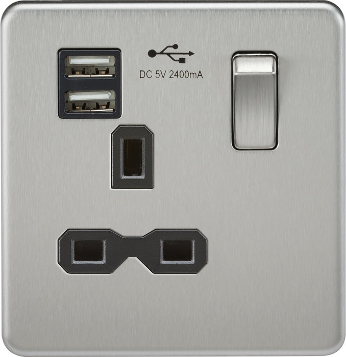 Knightsbridge SFR9124BC Screwless 13A 1G Switched Socket + 2xUSB (2.4A) - Brushed Chrome + Black Insert - westbasedirect.com