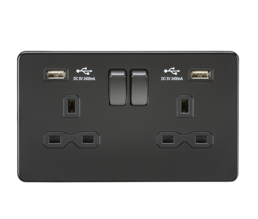 Knightsbridge SFR9224MBB Screwless 13A 2G Switch Socket + 2xUSB 2.4A - Matt Black + Black Rockers - westbasedirect.com