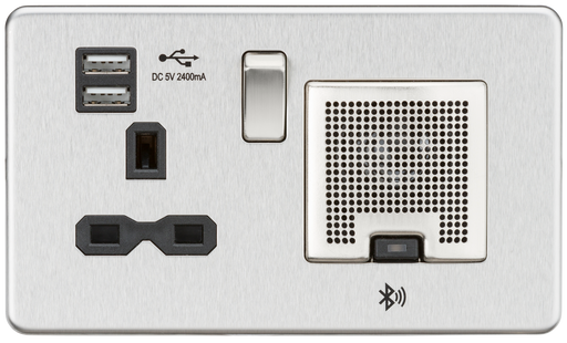Knightsbridge SFR9905BC Screwless 13A Socket + 2xUSB(2.4A) + Bluetooth Speaker - Brushed Chrome + Black Insert - westbasedirect.com