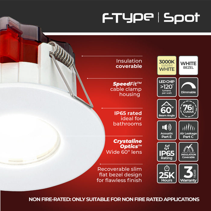 Luceco SFTF5W30/10 FType Spot Decorative LED Downlight 5W 515Lm 3000K Dimmable IP65 White Bezel - Flat (10 Pack) - westbasedirect.com