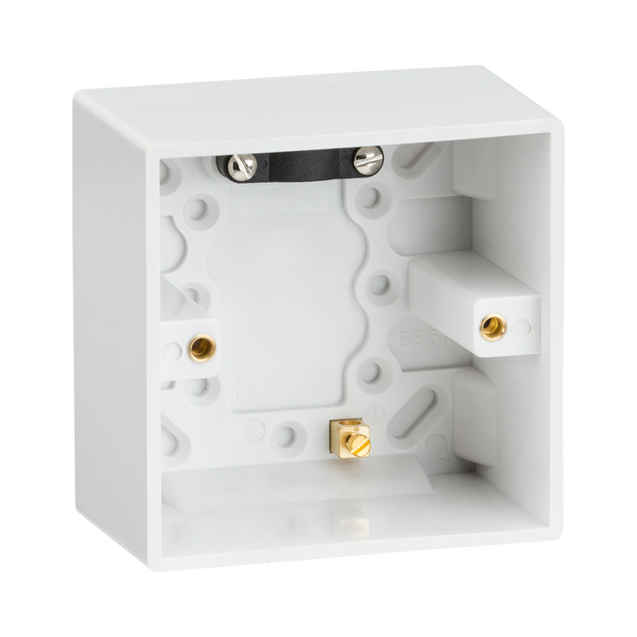 Knightsbridge SN1610 White Square Edge Single 47mm Pattress Box + Earth Terminal - westbasedirect.com