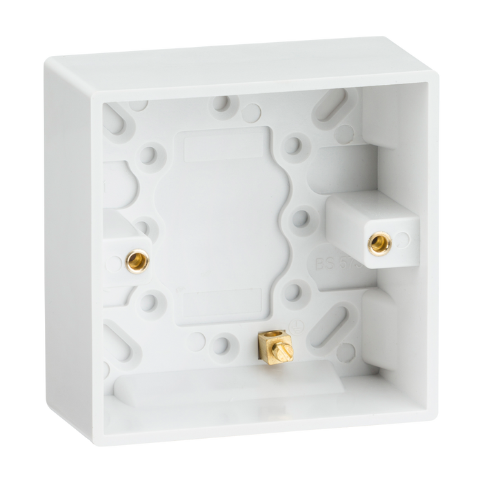 Knightsbridge SN1700 White Square Edge Single 35mm Pattress Box + Earth Terminal - westbasedirect.com