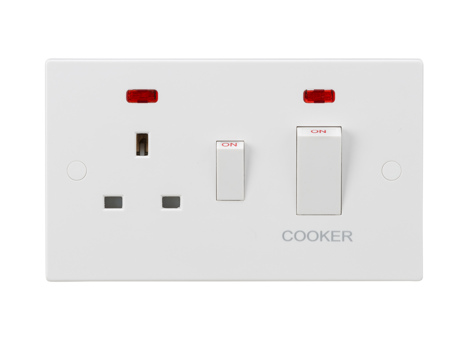 Knightsbridge SN8333NW White Square Edge 45A DP Cooker Switch + 13A Socket + Neons (White Rocker) - westbasedirect.com