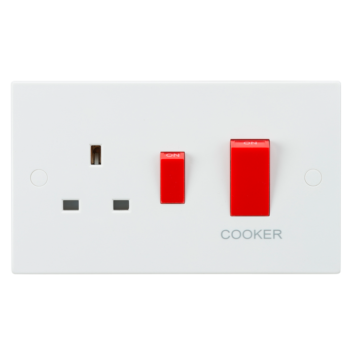 Knightsbridge SN8333 White Square Edge 45A DP Cooker Switch + 13A Socket - westbasedirect.com