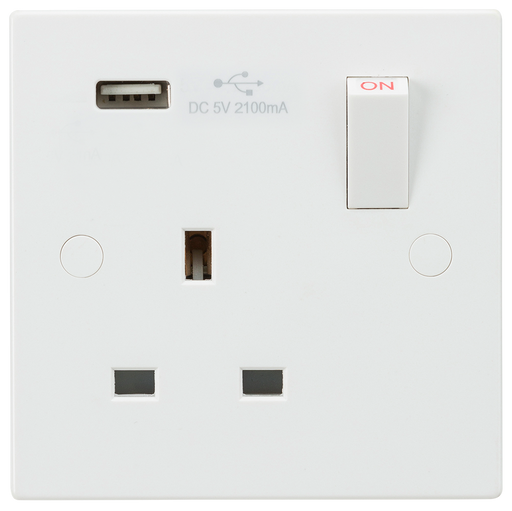 Knightsbridge SN9903 White Square Edge 13A 1G Switched Socket + USB 5V DC 2.1A - westbasedirect.com
