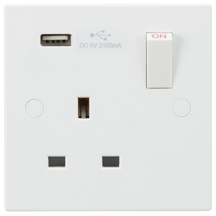 Knightsbridge SN9903 White Square Edge 13A 1G Switched Socket + USB 5V DC 2.1A - westbasedirect.com