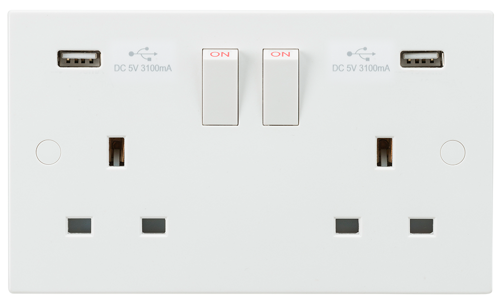 Knightsbridge SN9904 White Square Edge 13A 2G Switched Socket + 2xUSB 5V DC 3.1A - westbasedirect.com