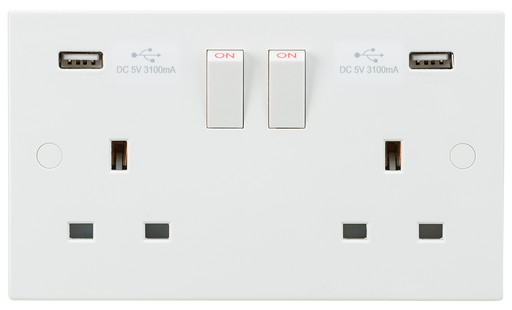 Knightsbridge SN9904 White Square Edge 13A 2G Switched Socket + 2xUSB 5V DC 3.1A - westbasedirect.com