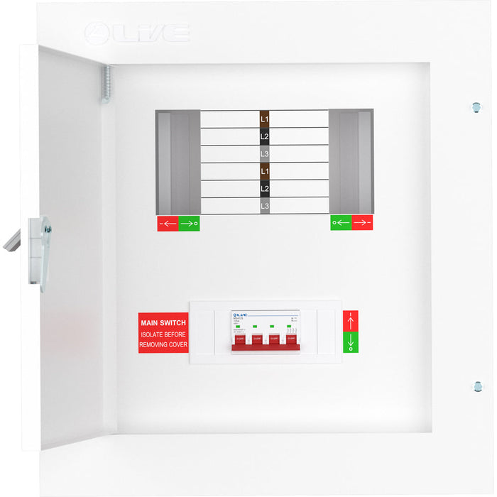 LIVE Electrical TPN04-125 4 Way TP&N Distribution Board with 4 Pole 125A Main Switch Incomer