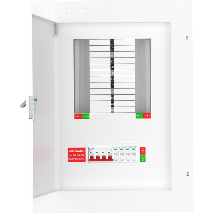 LIVE Electrical TPN08-125S TPN08-125S 8 Way TP&N Distribution Board with 4 Pole 125A Main Switch Incomer & 20/40kA DP SPD