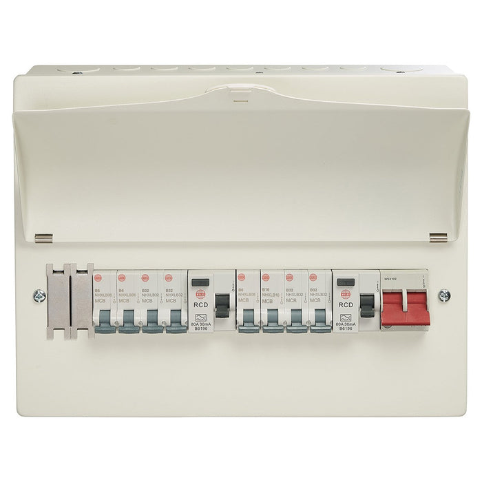 Wylex WNM1769 10 Way High Integrity Consumer Unit + 100A Main Switch, 2x80A 30mA Type A RCD & 8 MCBs - westbasedirect.com