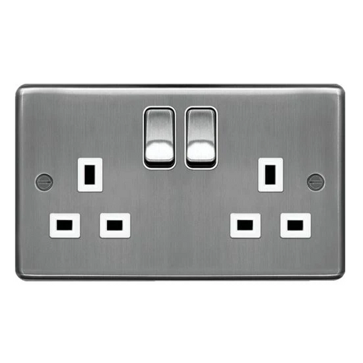 Hager WRSS82BSW Sollysta Raised Plate 13A 2 Gang Double Pole Switch Socket - Brushed Steel + White Insert - westbasedirect.com