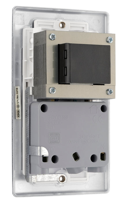 BG NBS20W Nexus Metal Dual Voltage Shaver Socket - White Insert - Brushed Steel - westbasedirect.com