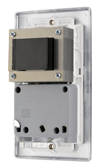 BG NBS20W Nexus Metal Dual Voltage Shaver Socket - White Insert - Brushed Steel - westbasedirect.com