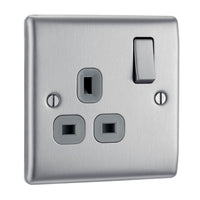 BG NBS21G Nexus Metal Single Socket 13A - Grey Insert - Brushed Steel