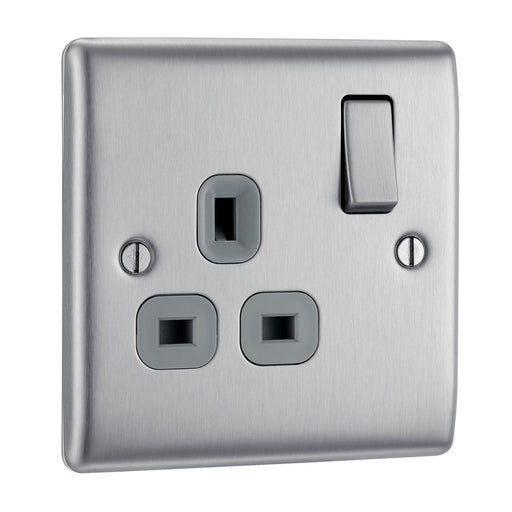 BG NBS21G Nexus Metal Single Socket 13A - Grey Insert - Brushed Steel - westbasedirect.com
