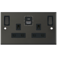 Selectric DSL12-86 5M 2 Gang 13A Switched SP Socket Outlet (Outboard Rockers) + 2 Earth Terminal with 1x USB Type-A (2.4A) & 1x USB Type-C (3A) - Dark Bronze, Black Insert