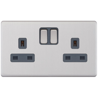 Selectric 5MPLUS-151 5M-PLUS Screwless 2 Gang 13A Switched SP Socket Outlet - Satin Chrome, Grey Insert