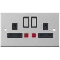 Selectric DSL224 5M 2 Gang 13A Switched DP Socket Outlet with Neon - Satin Chrome, Black Insert