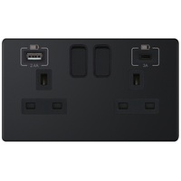 Selectric 5MPLUS-863 5M-PLUS Screwless 2 Gang 13A Switched Socket Outlet with 1x USB Type-A (2.4A) & 1x USB Type-C (3A) - Matt Black, Black Insert