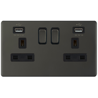 Selectric 5MPLUS-12-61 5M-PLUS Screwless 2 Gang 13A Switched Socket Outlet with 2x USB Type-A (2.1A/1A) - Dark Bronze, Black Insert